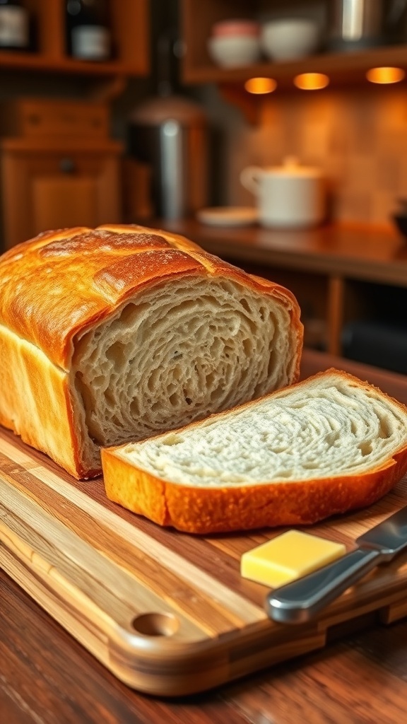 A golden brown loaf of yeast bread sliced on a cutting board with butter.
